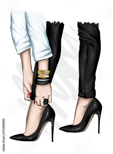 Long slender legs in tight trousers and high-heeled shoes. Fashion, style, clothing and accessories. Vector illustration. Stylish girl.