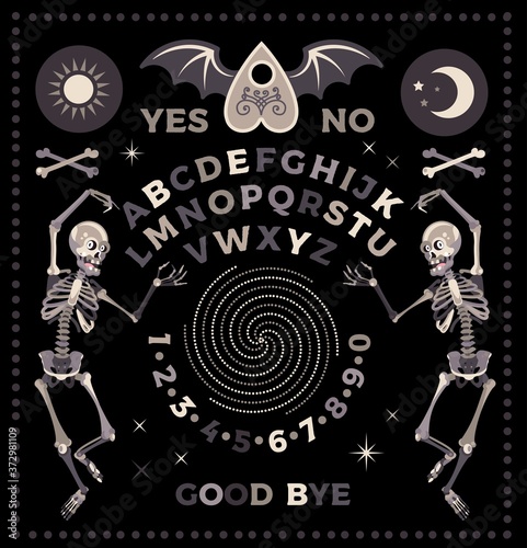 Ouija Board With Skeletons. Occultism Set. Vector Illustration.