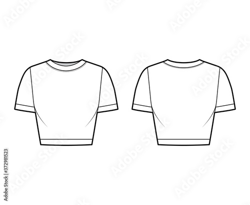 Cropped cotton-jersey t-shirt technical fashion illustration with scoop neck, short sleeves, close fit. Flat outwear apparel template front, back, white color. Women, men, unisex top CAD mockup