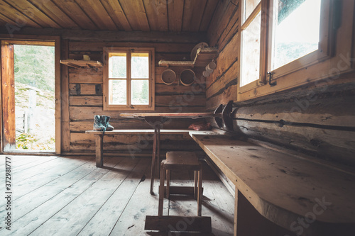 фотографія Abandoned mountain hut or chalet in Austria: rustic wooden interior