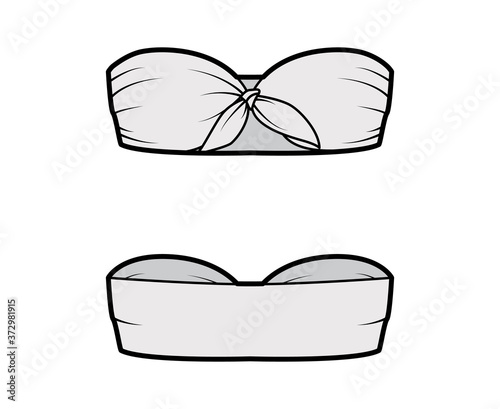 Bandeau tube top technical fashion illustration with cropped length, ties at front. Flat swimwear lingerie apparel template front, back, grey color. Women, men, unisex underwear CAD mockup. 