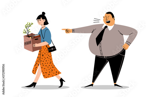 Dismissal of workers. The fat boss yells at the woman in anger. A young woman leaves with a box of work items. Flat style vector stock illustration. Unemployment concept.