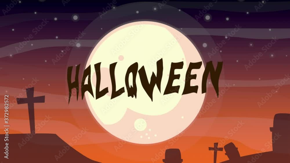 happy halloween animation with lettering in moon and cemetery happy halloween animation with lettering in moon and cemetery