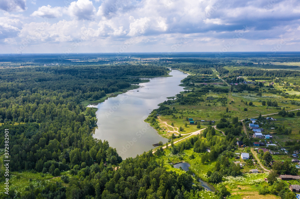 A large reservoir near the village of Ushakovka, Ivanovo region on a summer day.