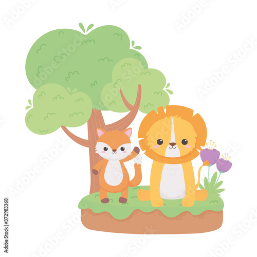 cute little lion fox flowers tree grass cartoon animals in a natural landscape