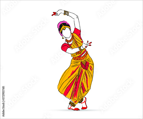 Indian dance bhartnatyam graphic illustration beautiful woman Design.	