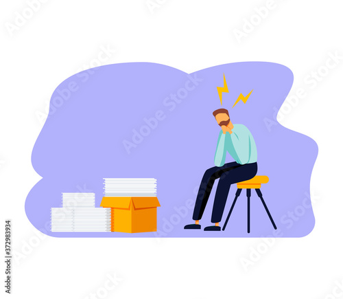 Tired businessman sitting on the floor clutching his head with the piles of paper document around. Overwork concept. Modern vector illustration.