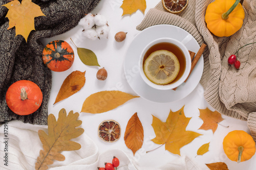 Cup of tea with slice of lemon, pumpkins and colorful autumn leaves. Top view, fall colors, cozy home atmosphere concept.