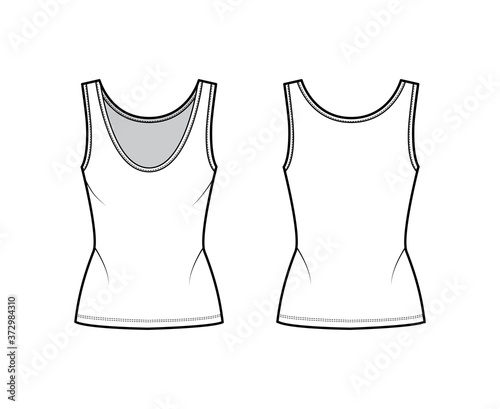 Cotton-jersey tank technical fashion illustration with fitted body, deep scoop neck, elongated hem. Flat outwear apparel template front, back, white color. Women, men unisex shirt top CAD mockup 