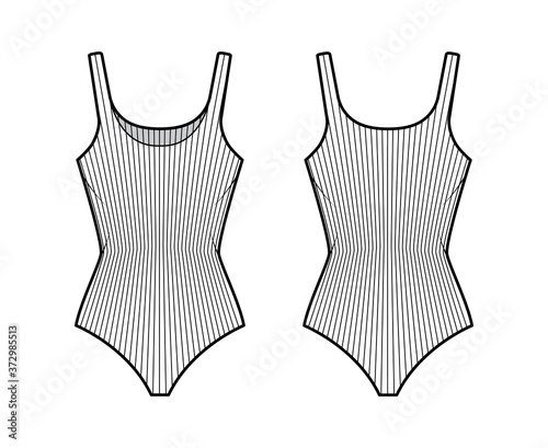 Ribbed cotton-jersey tank bodysuit technical fashion illustration with fitted knit body, sleeveless. Flat outwear cami apparel template front, back, white color. Women men unisex top CAD mockup.