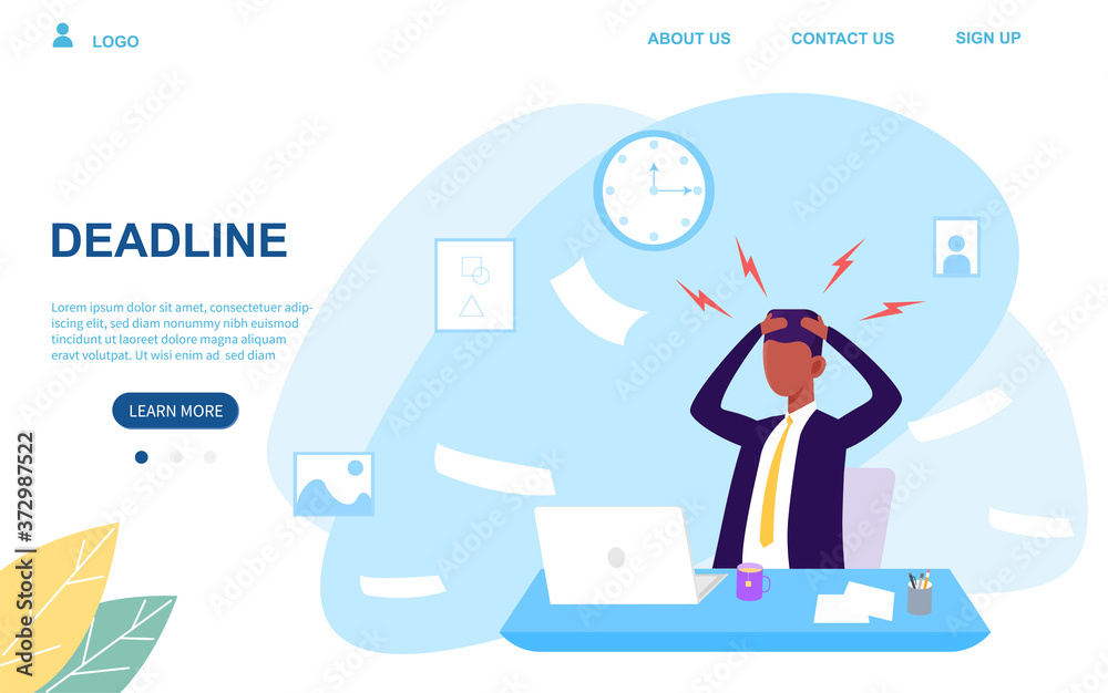 Businessman under pressure facing a work deadline seated at his desk with emanating tension lines on a web page template, colored vector illustration. Webpage template