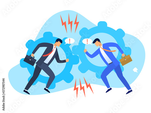 Two businessmen displaying a conflict of interests having a furious verbal fight or argument going head to head, colored vector illustration