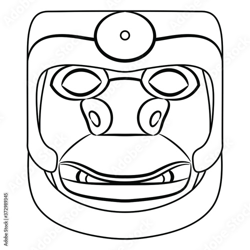 Mask of Aleut Indians. Native American art. Black and white silhouette. Stylized human face in helmet.
