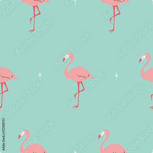 Seamless bright repeat vector retro pink and teal tropical flamingo pattern with retro stars.