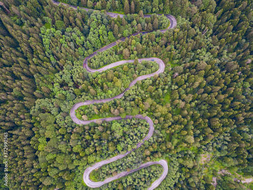 Winding road through the forest  from high mountain pass  aerial view
