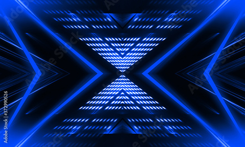 Blue neon background. Abstract blue dark background with lines and rays. Light tunnel. Symmetrical reflection.