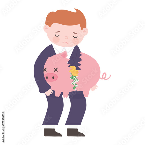 bankruptcy sad businessman holding broken piggy bank with money business financial crisis