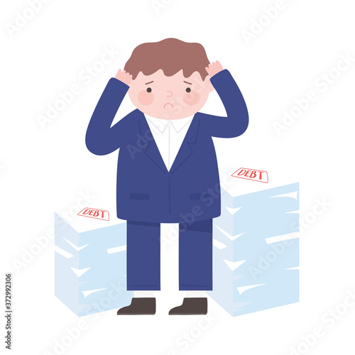 bankruptcy worried businessman with stack of debt papers business financial crisis