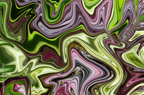 Abstract zigzag pattern with waves in green and purple tones. Artistic image processing created by floral photo. Beautiful multicolor pattern for any design. Background image