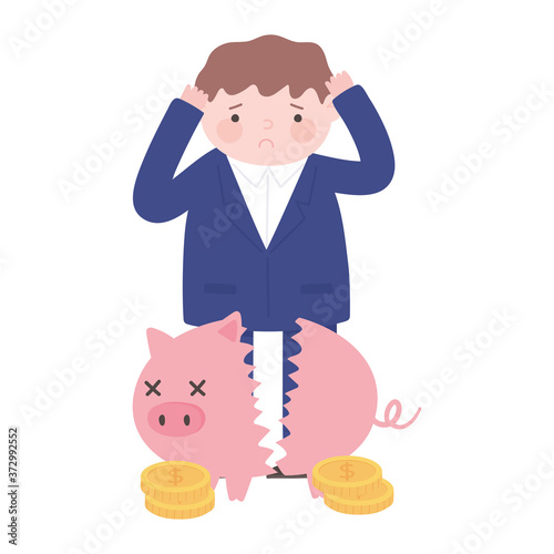 bankruptcy troubled businessman broken piggy bank money business process financial crisis