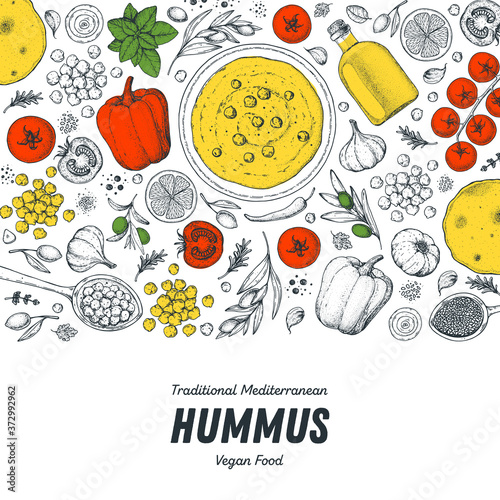 Hummus cooking and ingredients for hummus, sketch illustration. Middle eastern cuisine frame. Healthy food, design elements. Hand drawn, package design. Middle eastern food.