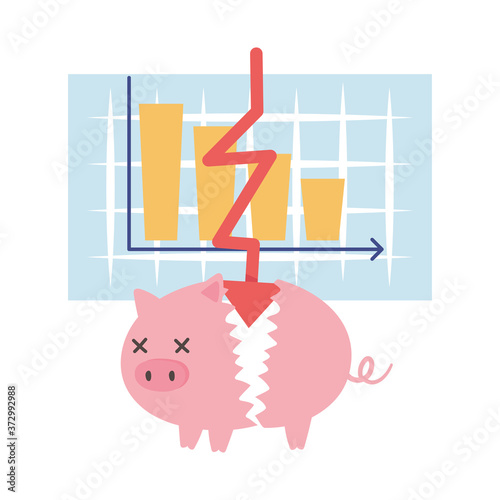 bankruptcy broken piggy bank money bag coins down arrow business financial crisis