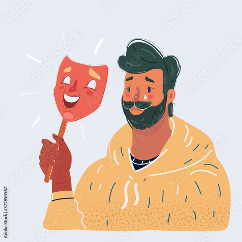 Vector illustration of sadman with dissapointment expression on his face under happy mask. Close up view character on white background.