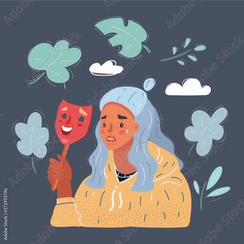 Vector illustration of illustration of sadman with dissapointment expression on his face under happy mask. Close up view character on dark background.