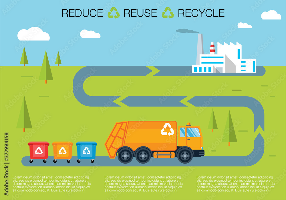 Garbage sorting bins infographic recycling concept ship the trash Green Industrial Recycle Process Infographic Illustration, infographic, book print, education awareness poster and other.Ecology flat