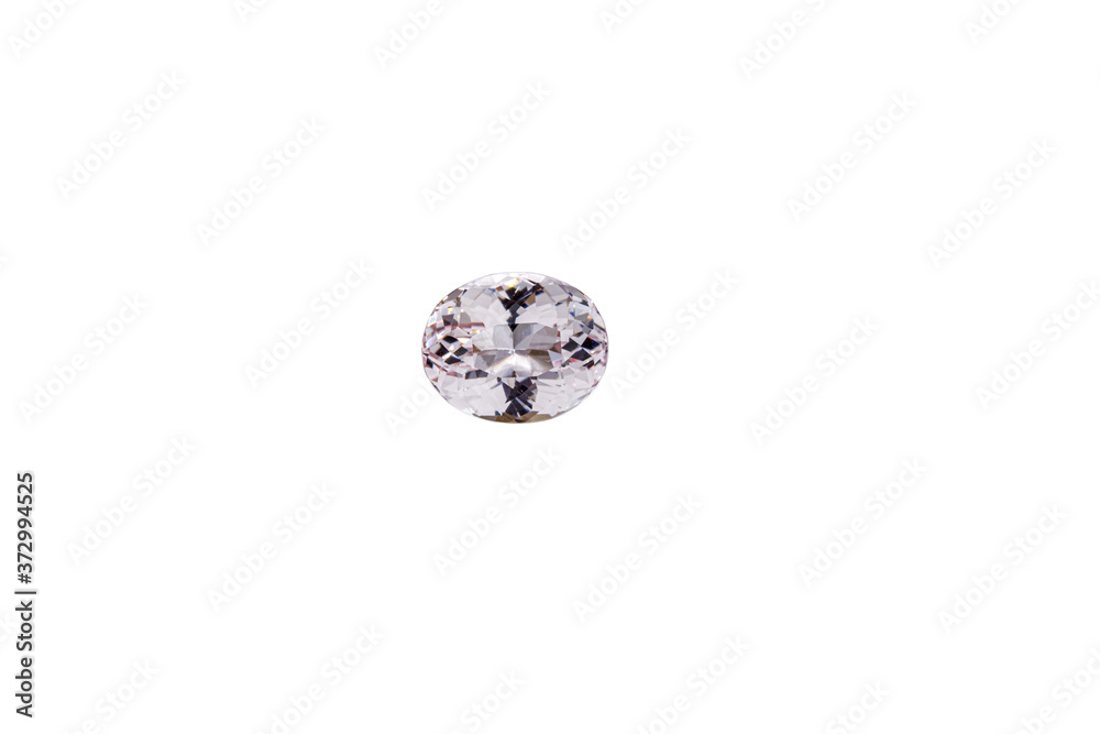 macro mineral faceted stone Morganite on a white background