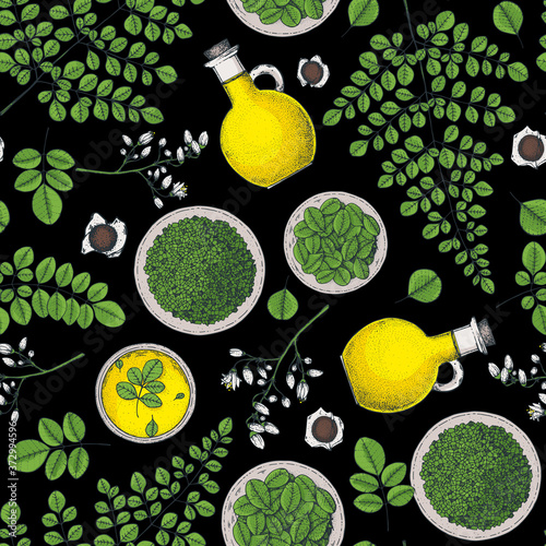 Fototapeta Naklejka Na Ścianę i Meble -  Moringa seamless pattern. Hand drawn background. Organic healthy food. Moringa leaves, plant, powder, oil. Super food hand drawn pattern. Vector illustration.