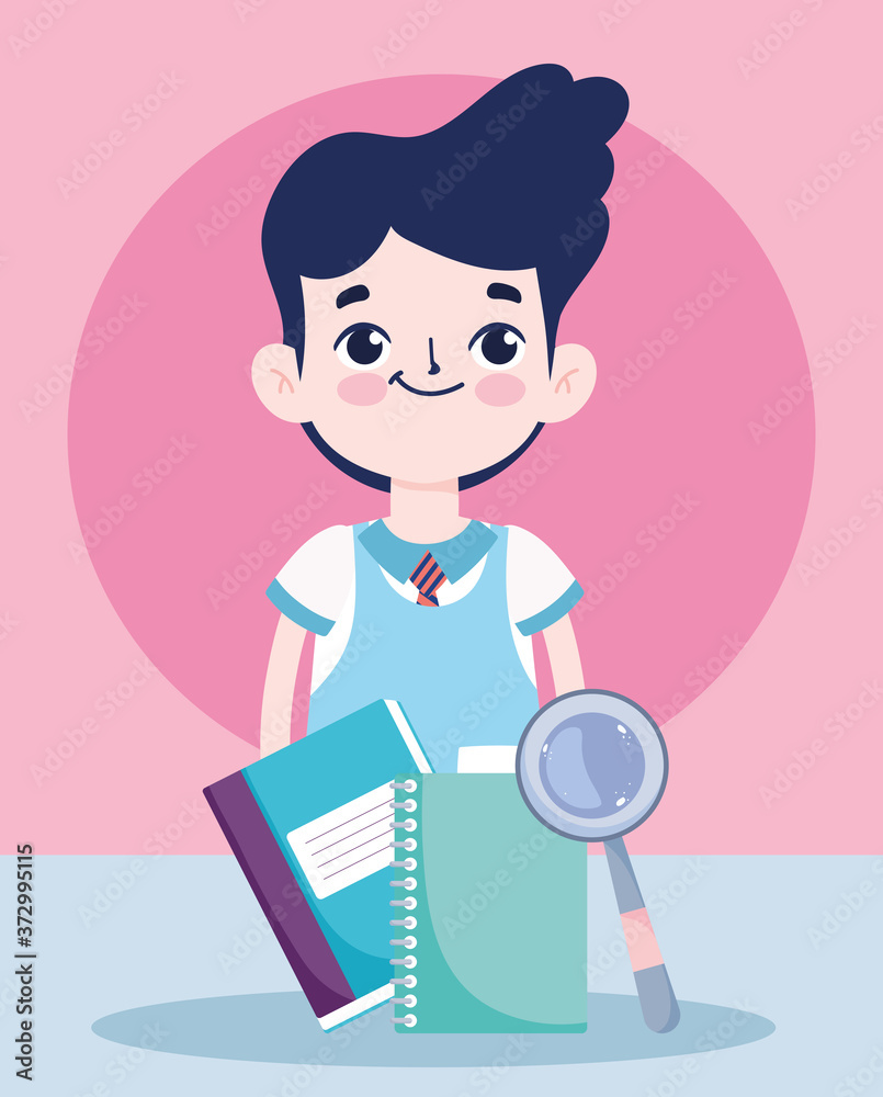 back to school, student boy books and magnifier elementary education cartoon back to school, student boy books and magnifier elementary education cartoon