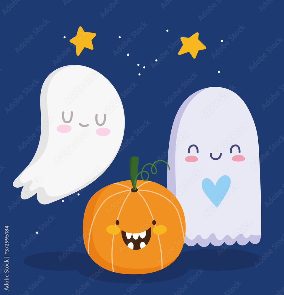 happy halloween, cute ghosts and pumpkin trick or treat party celebration