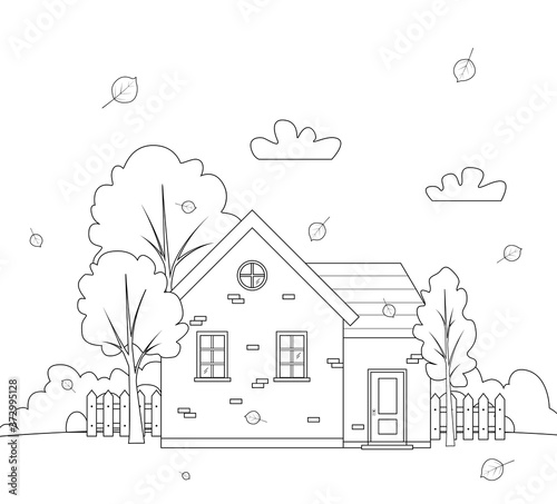 Autumn landscape with country house. City landscape. Outline house, architecture. Vector lineart illustration for coloring book