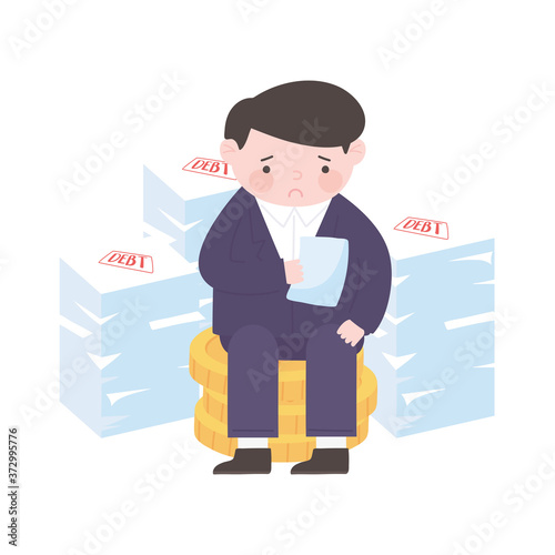 bankruptcy sad businessman with stack of papers debts money business financial crisis