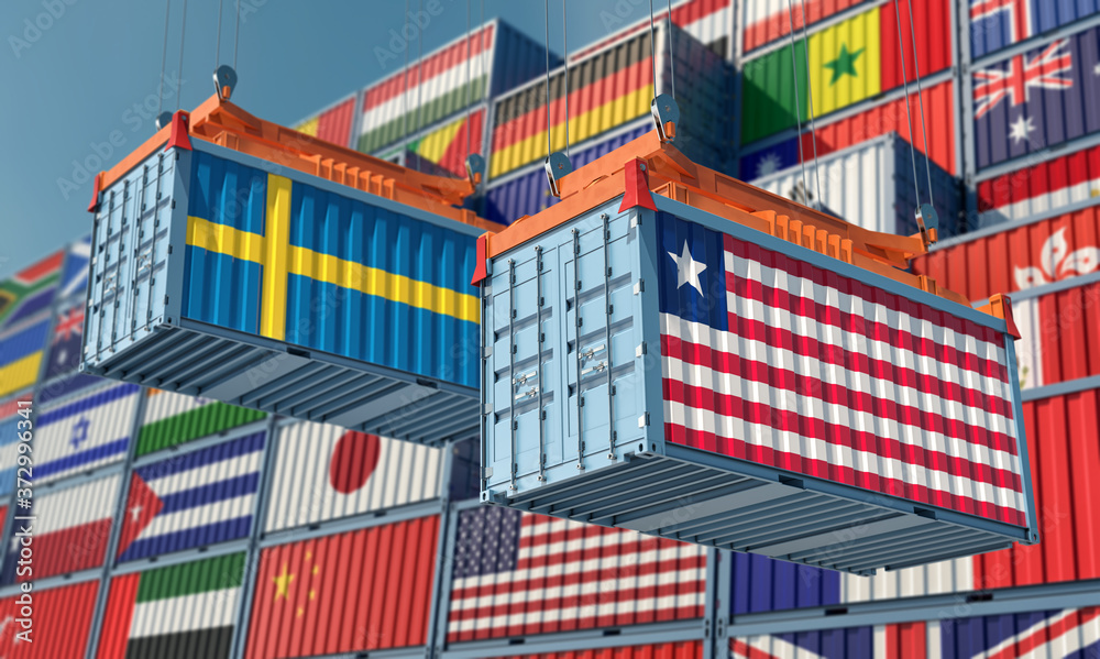 Freight containers with Liberia and Sweden flag. 3D Rendering 