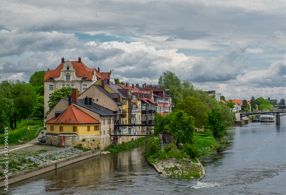 View from the Old Stone bridge in Regensburg Bavaria Germany