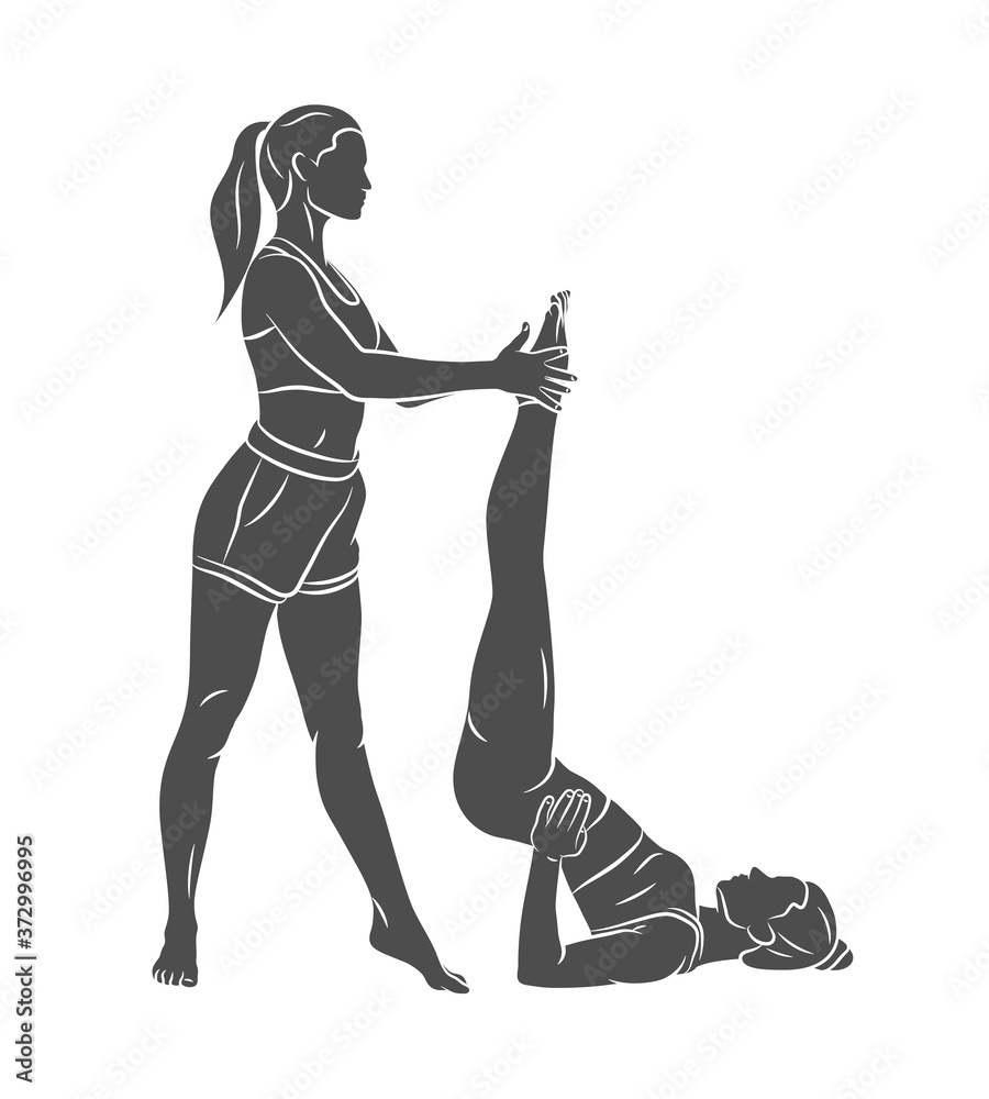 Silhouette trainer helps a young woman to do yoga or Pilates, does exercises on a white background. Vector illustration Silhouette trainer helps a young woman to do yoga or Pilates, does exercises on a white background. Vector illustration