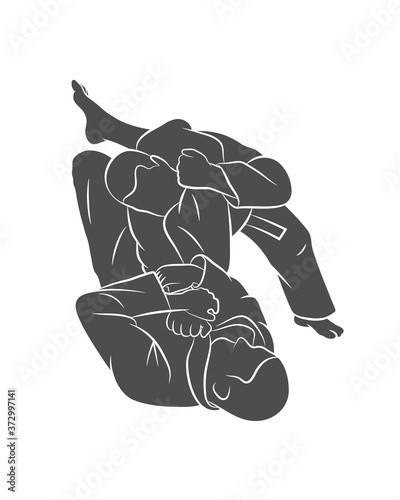 Young athletic men practicing martial arts Brazilian jiu-jitsu on a white background. Trains in a traditional kimono. BJJ spinning armrest, Juji Gatame. Vector illustration