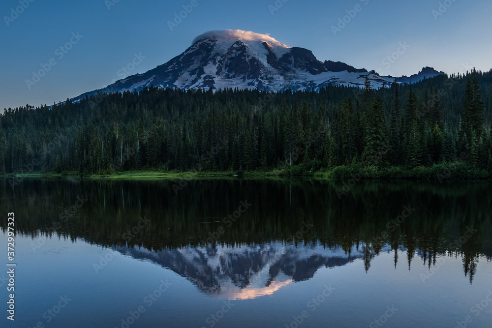 July early morning on the Reflection Lakes in Mount Rainier National Park