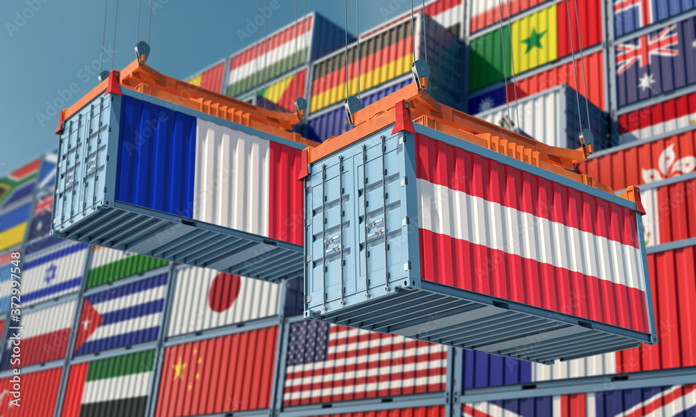 Freight containers with Austria and France flag. 3D Rendering 