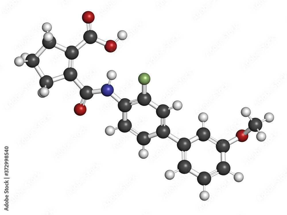 Vidofludimus drug molecule (DHODH inhibitor). 3D rendering. Atoms are represented as spheres with conventional color coding.