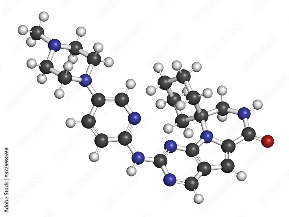Trilaciclib cancer drug molecule. 3D rendering. Atoms are represented as spheres with conventional color coding: hydrogen (white), carbon (grey), nitrogen (blue), oxygen (red). Trilaciclib cancer drug molecule. 3D rendering. Atoms are represented as spheres with conventional color coding: hydrogen (white), carbon (grey), nitrogen (blue), oxygen (red).