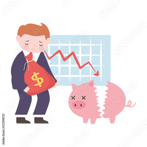 bankruptcy sad businessman bag money piggy bank and down chart report business financial crisis
