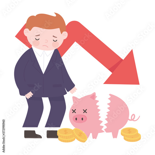 bankruptcy businessman down arrow piggy bank damaged coins business financial negative