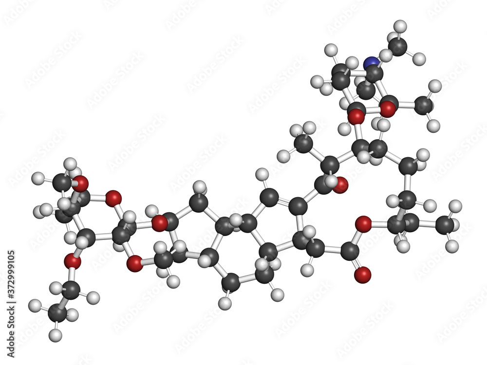 Spinetoram insecticide molecule. 3D rendering. Atoms are represented as spheres with conventional color coding: hydrogen (white), carbon (grey), nitrogen (blue), oxygen (red). Spinetoram insecticide molecule. 3D rendering. Atoms are represented as spheres with conventional color coding: hydrogen (white), carbon (grey), nitrogen (blue), oxygen (red).