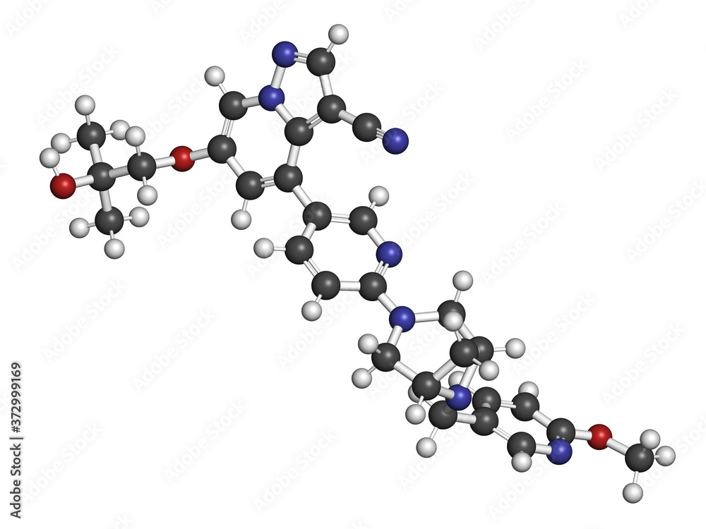 Selpercatinib cancer drug molecule. 3D rendering. Atoms are represented as spheres with conventional color coding: hydrogen (white), carbon (grey), nitrogen (blue), oxygen (red). Selpercatinib cancer drug molecule. 3D rendering. Atoms are represented as spheres with conventional color coding: hydrogen (white), carbon (grey), nitrogen (blue), oxygen (red).