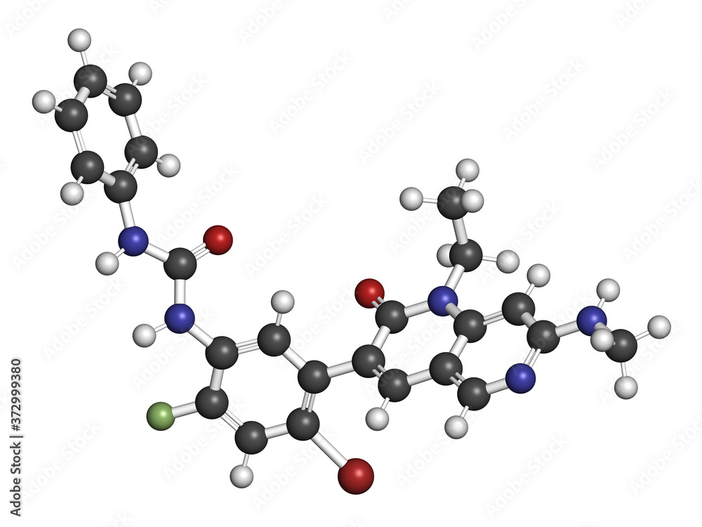 Ripretinib cancer drug molecule. 3D rendering. Atoms are represented as spheres with conventional color coding: hydrogen (white), carbon (grey), nitrogen (blue), oxygen (red), etc Ripretinib cancer drug molecule. 3D rendering. Atoms are represented as spheres with conventional color coding: hydrogen (white), carbon (grey), nitrogen (blue), oxygen (red), etc
