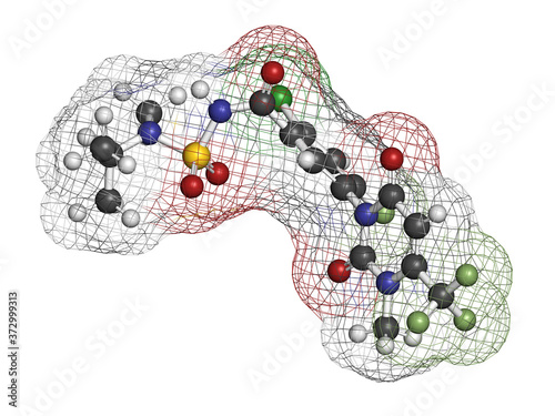 Saflufenacil herbicide molecule. 3D rendering. Atoms are represented as spheres with conventional color coding: hydrogen (white), carbon (grey), nitrogen (blue), oxygen (red), sulfur (yellow), etc