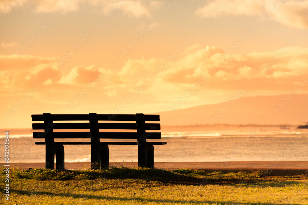 Empty park beach overlooking ocean sunset. Empty park beach overlooking ocean sunset.